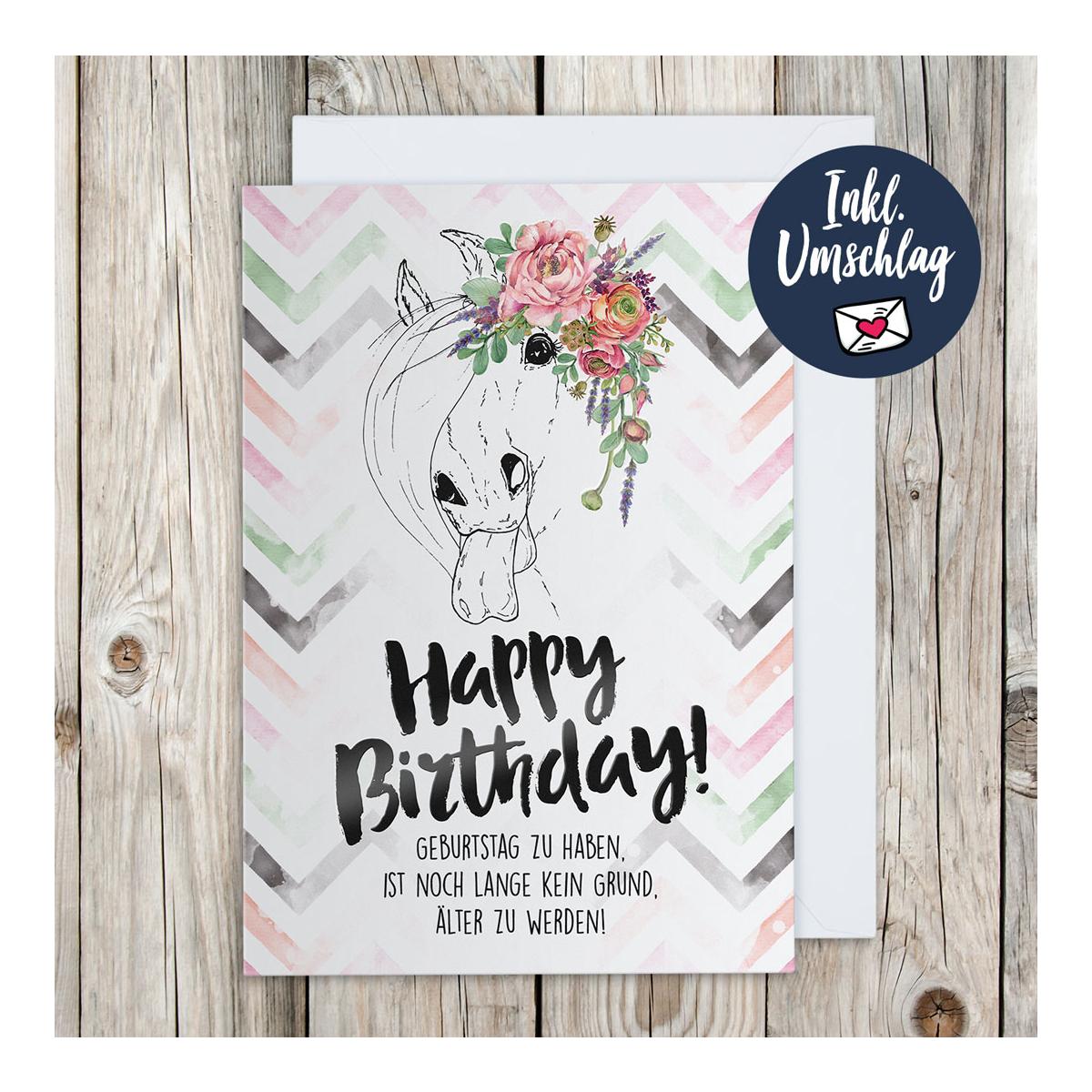 Soulhorse Grusskarte "Happy Birthday" (naughty pony) Weiss/Schwarz/Rosa/Grün
