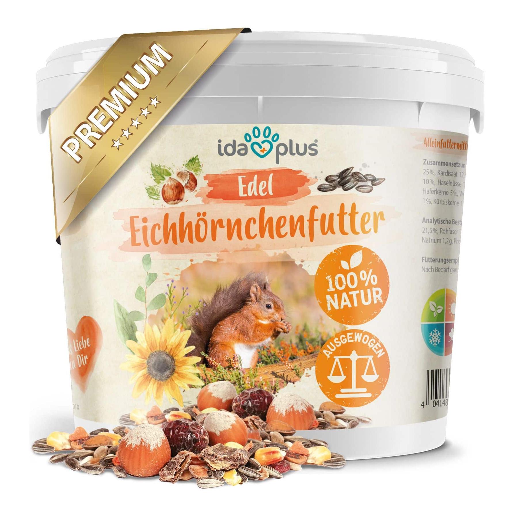 IdaPlus Edel Eichhörnchenfutter - artgerechtes Ganzjahres Futter im praktischen Eimer