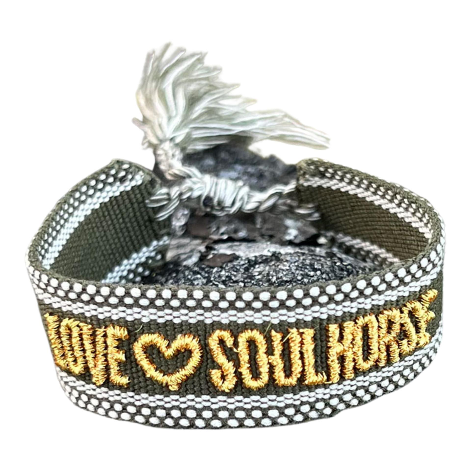 Stoffarmband "Love Soulhorse" Oliv / Gold
