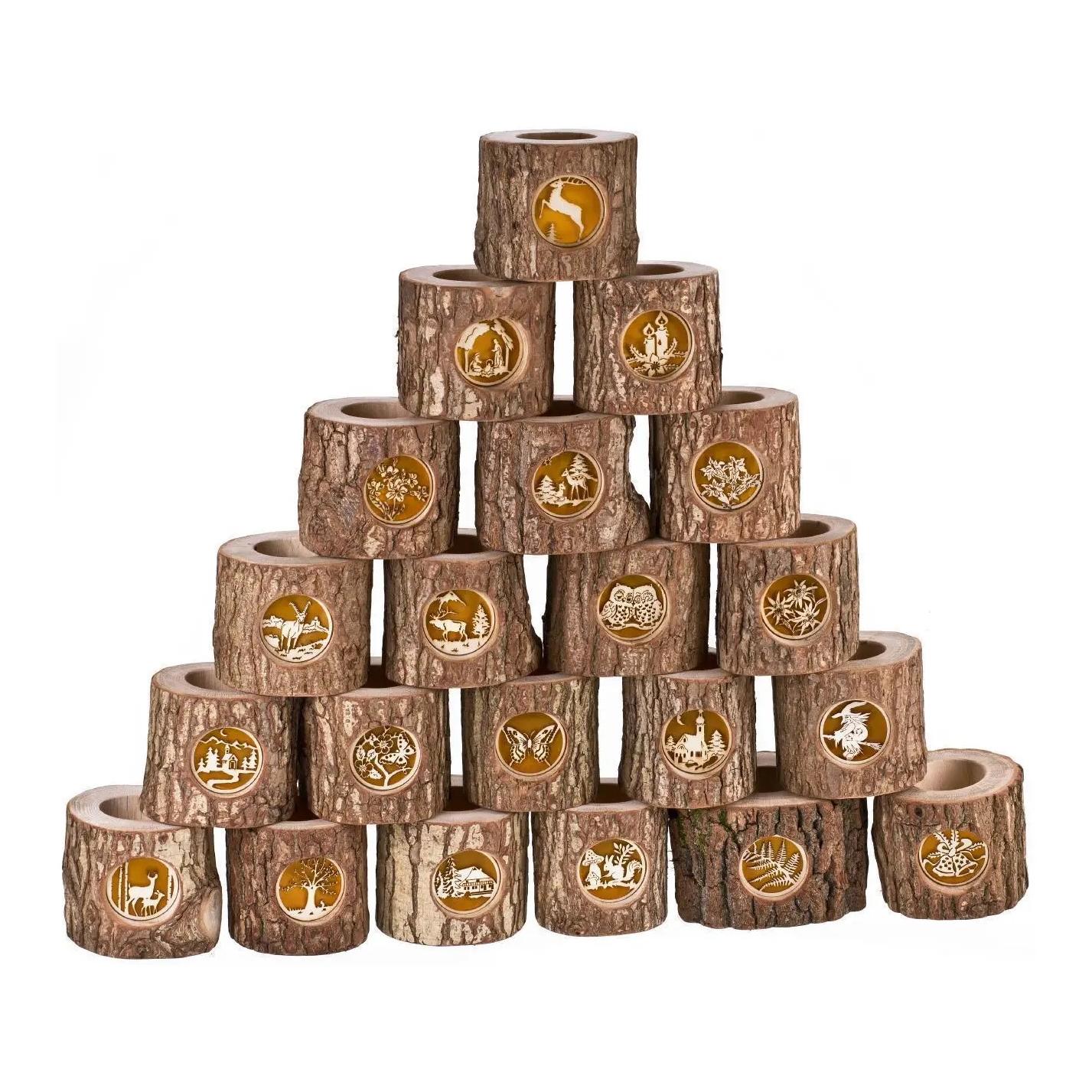 Hauptner Rustikales Holz Windlicht mit Rinde und 3 hinterleuchteten Motiven