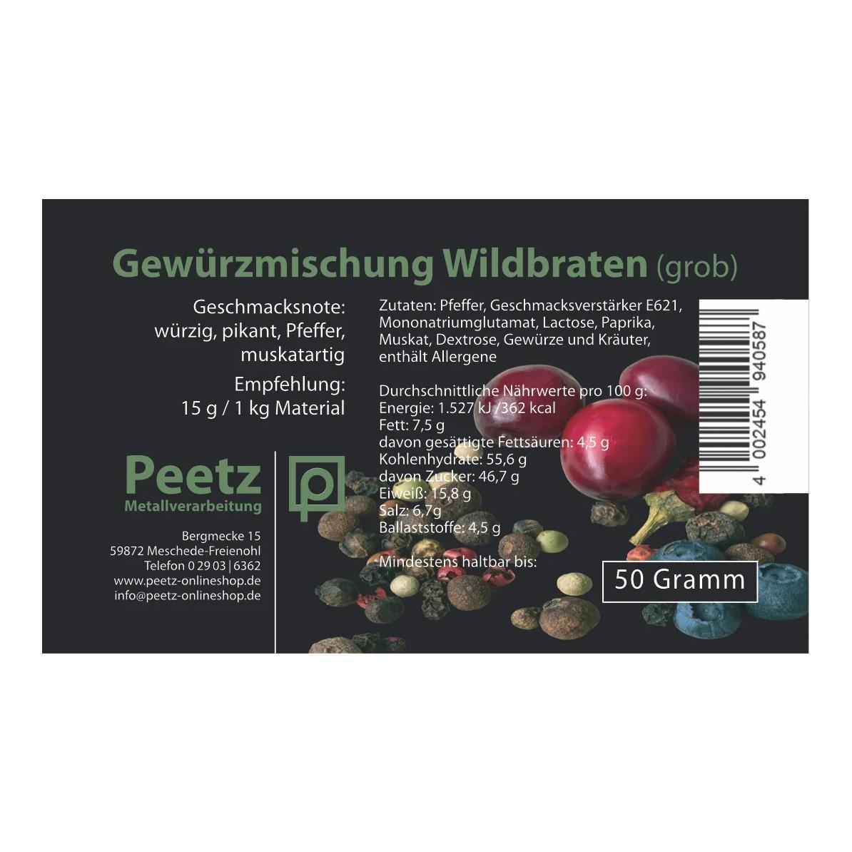 Peetz Gewürzmischung Wildbraten grob 50g wiederverschliessbar