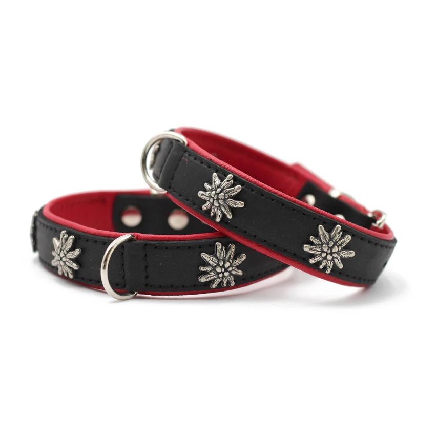 Maul Lederwaren Hundehalsband Edelweiss - schwarz-rot/silber