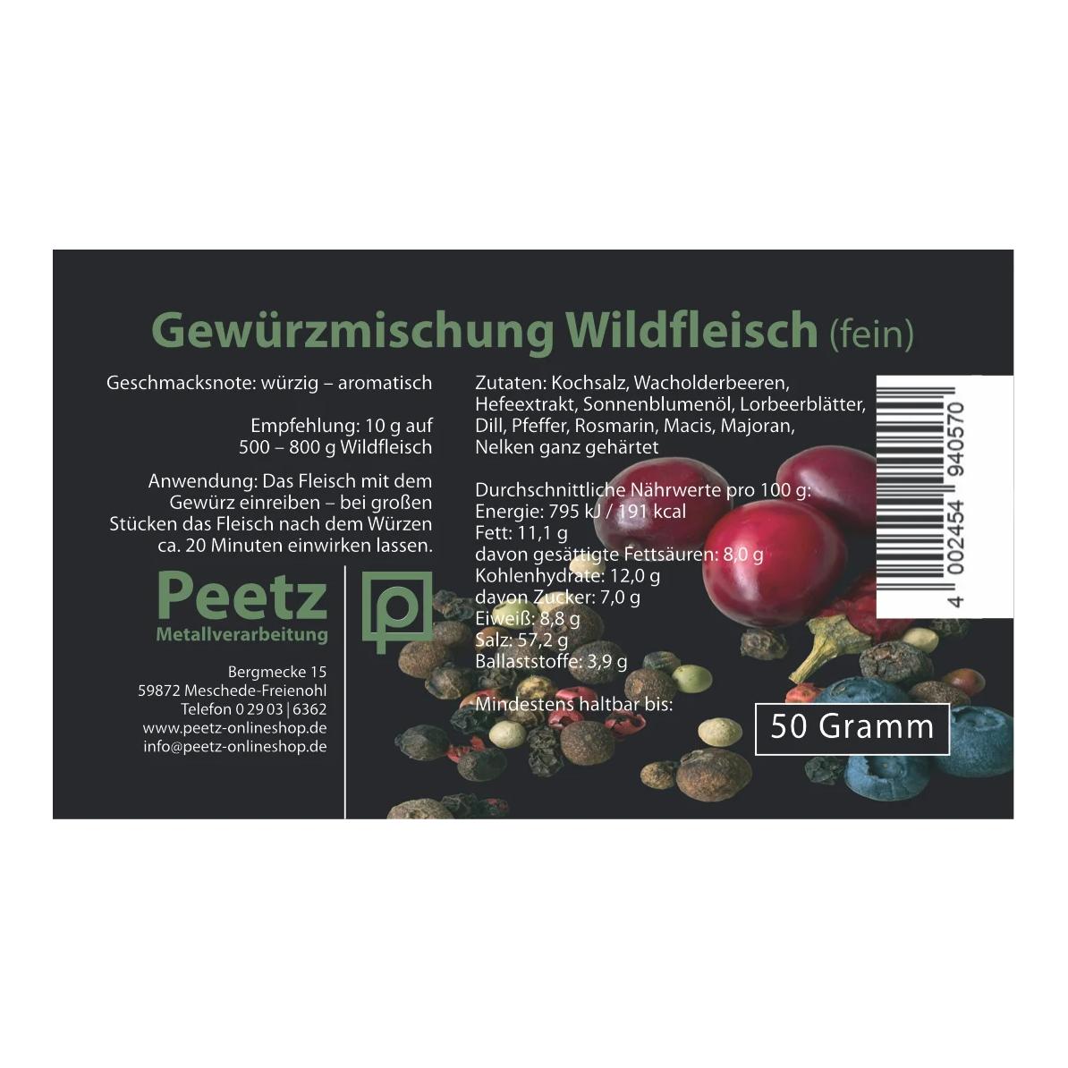 Peetz Gewürzmischung Wildfleisch fein 50 g wiederverschliessbar