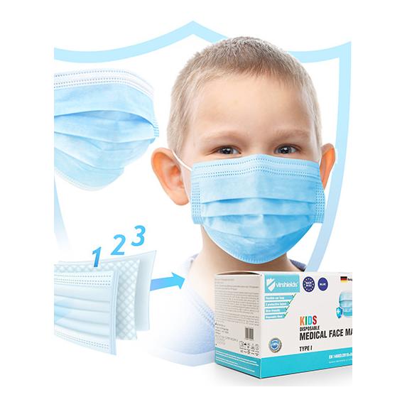 Virshields Medizinische Hygiene Maske Kids 3-lagig Typ I in Blau Glacier-deepsea