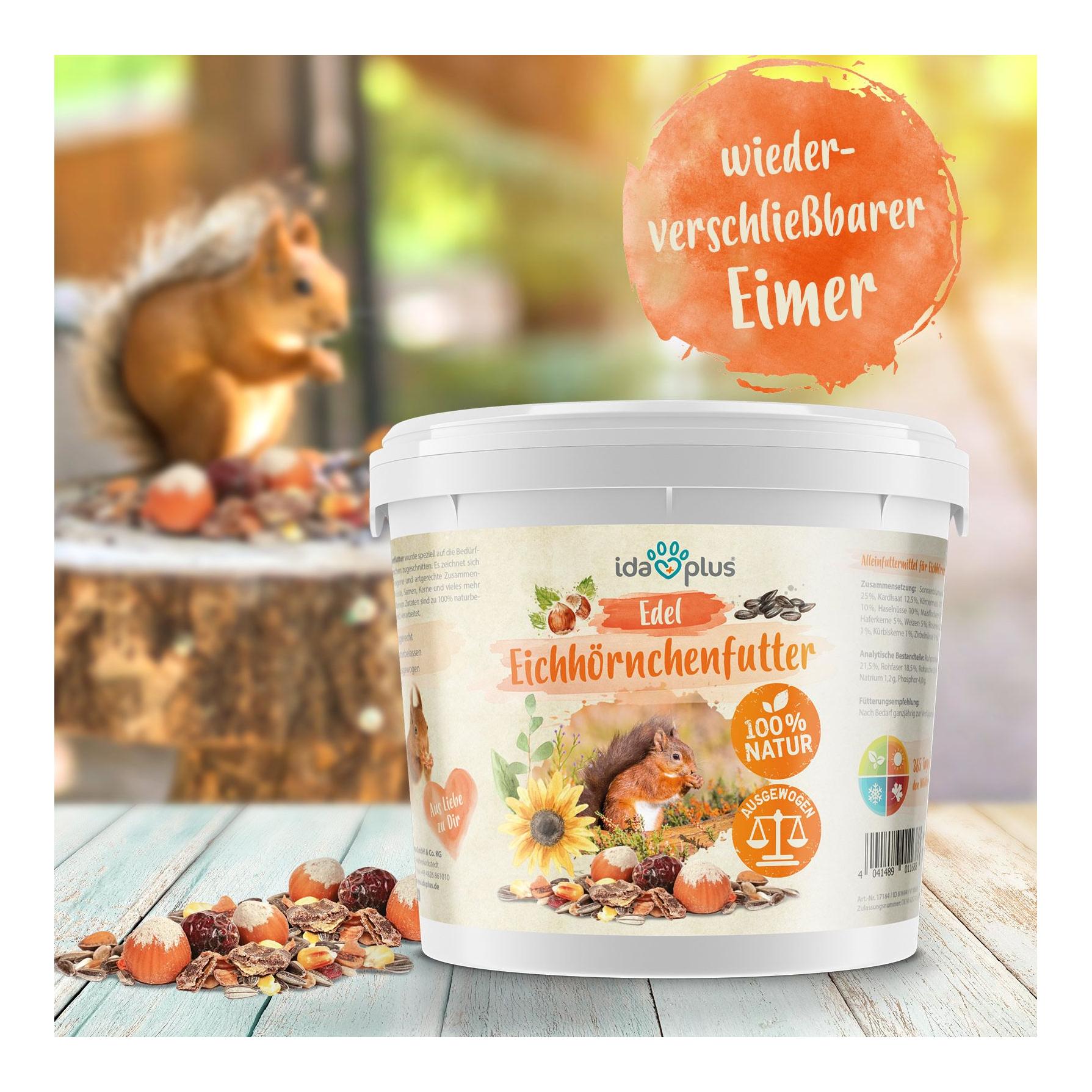 IdaPlus Edel Eichhörnchenfutter - artgerechtes Ganzjahres Futter im praktischen Eimer